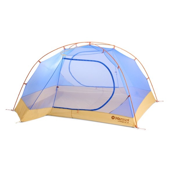 Front view of Marmot Limelight ultralight tent pitched in forest, ideal backpacking tent for 3 people