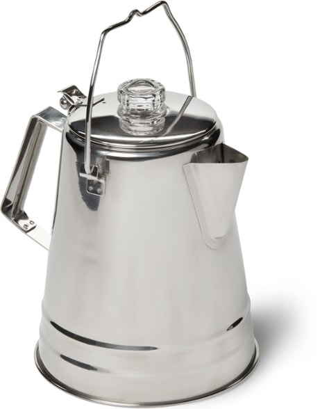 TrailBrew stainless steel percolator on campfire grate with visible glass knob