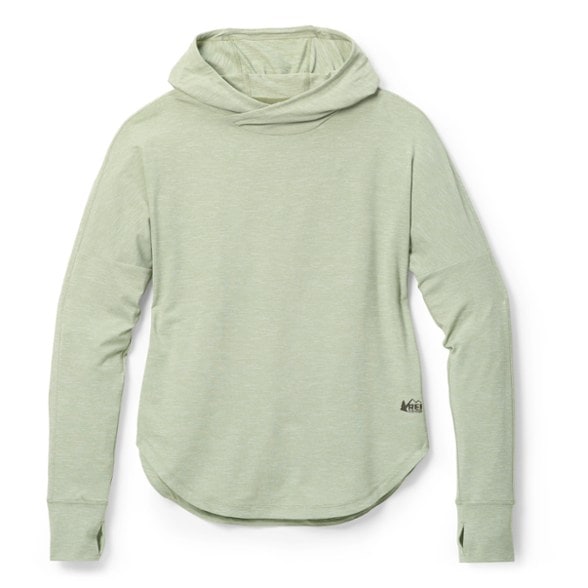 Close-up of TrailGuard UPF50+ Hoodie showing thumbholes and crossover hood design
