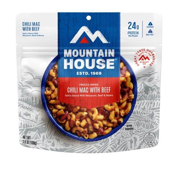 Savory Chili Mac with Beef in a bowl, ready to eat during camping.