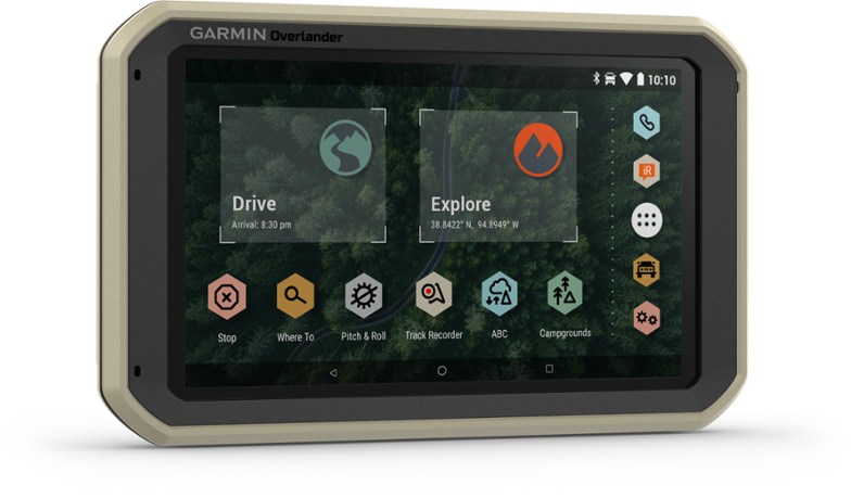 TrailMaster Pro rugged all-terrain GPS showing detailed topographic maps on 7-inch touchscreen
