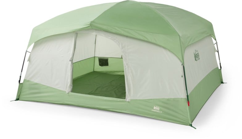 Front view of the REI Co-op Campwell 6 tent set up in a forest.