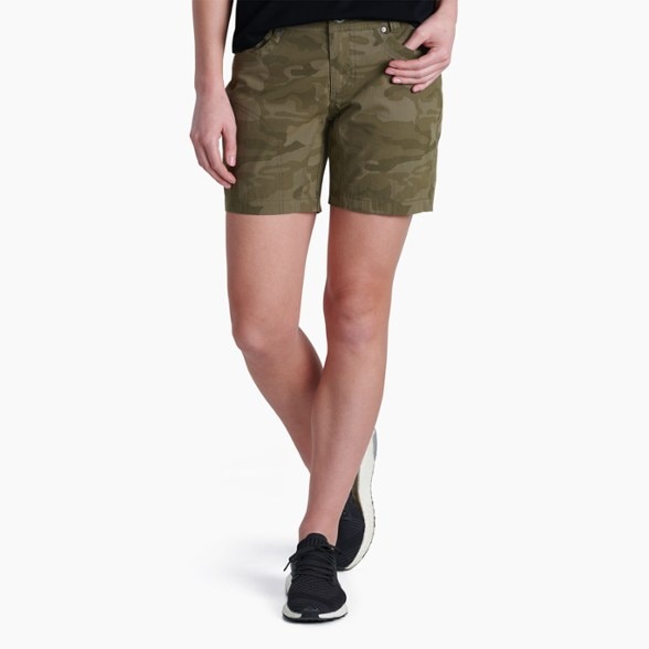 Front view of KUHL SplashLite 5.5 women's hiking shorts in motion on a mountain trail