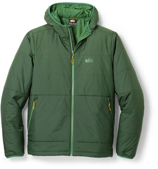 Men wearing EcoTrail insulated hoodie during a hike in chilly weather.