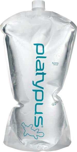 PlatyFlex collapsible water bottle standing upright, showing screw cap and flexible body for backpacking gear