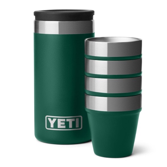 YETI portable shot glasses stacked in carrying case, perfect for travel.