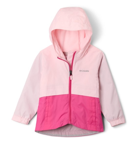 Rain-Zilla II jacket for toddlers displayed outdoors, showcasing waterproof fabric and adjustable hood