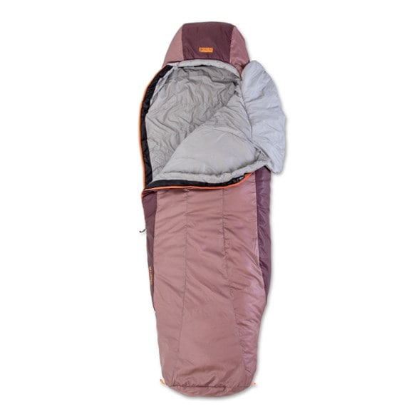 NEMO Tempo 35F synthetic sleeping bag laid out showing roomy Relaxed Spoon shape perfect for side sleeping
