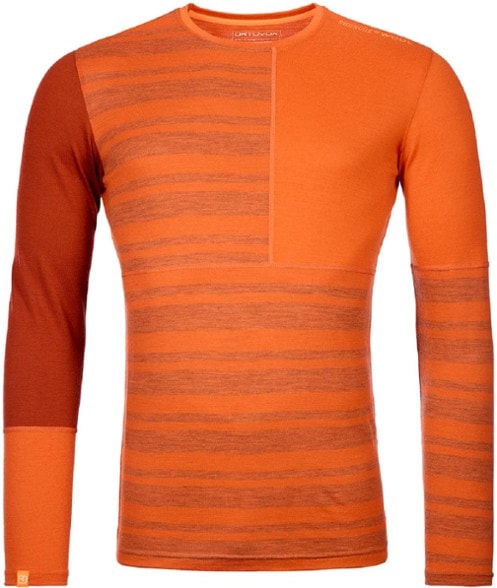 Close-up of the Ortovox merino wool long-sleeve base layer showcasing its soft texture.