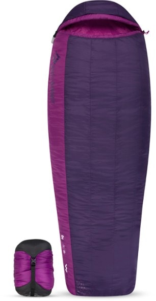 Close-up of the Quest Women's 30°F synthetic sleeping bag showcasing its insulated design and zipper.