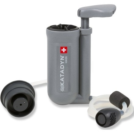 Katadyn Hiker water filter in a camping setting, showing its compact size and ease of use.