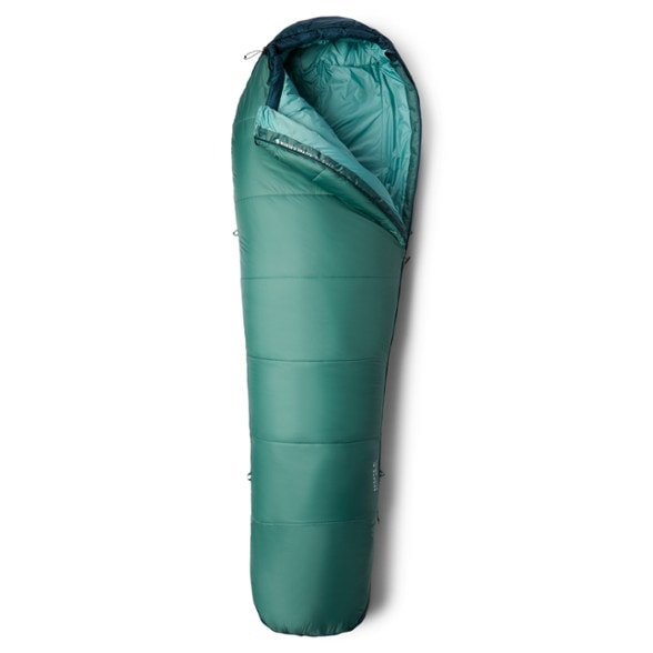 Mountain Hardwear Women's Shasta 15°F Sleeping Bag displayed in a tent, showcasing its spacious design.