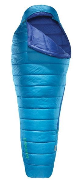 Therm-a-Rest Space Cowboy sleeping bag showcased in a campsite setting.