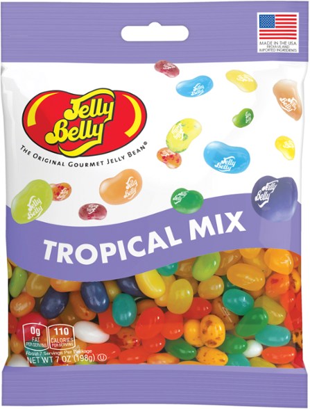 Colorful Tropical Paradise Jelly Beans in a bowl, highlighting flavors like Coconut and Pina Colada.