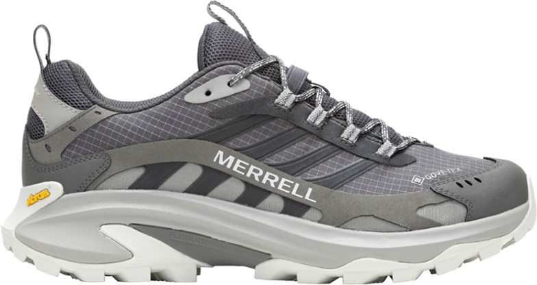 Side view of Merrell Moab Speed 2 GORE-TEX hiking shoes on rocky terrain.
