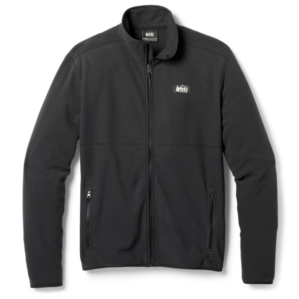 Front view of men's recycled fleece jacket with zippered pockets and LYCRA spandex collar, showcasing eco-friendly outdoor design