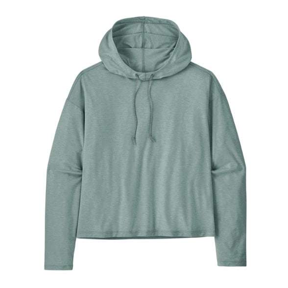 Front view of Patagonia women's lightweight hooded top, showcasing the adjustable hood and relaxed fit.