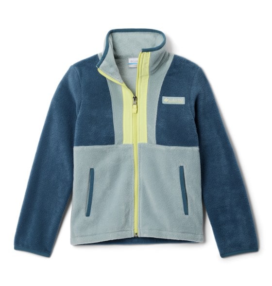 Columbia kids fleece jacket showcasing colorful blocks, perfect for outdoor fun.