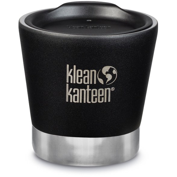 Eco-friendly stainless steel coffee tumbler from a side angle, showcasing its sipping lid.