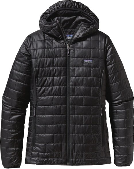 Side profile of EcoCore Nano Puff Trail Hoody showing windproof ripstop texture — perfect insulated jacket for winter hiking.