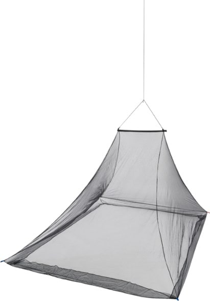 Pyramid mosquito net set up over a camping cot, demonstrating insect protection.