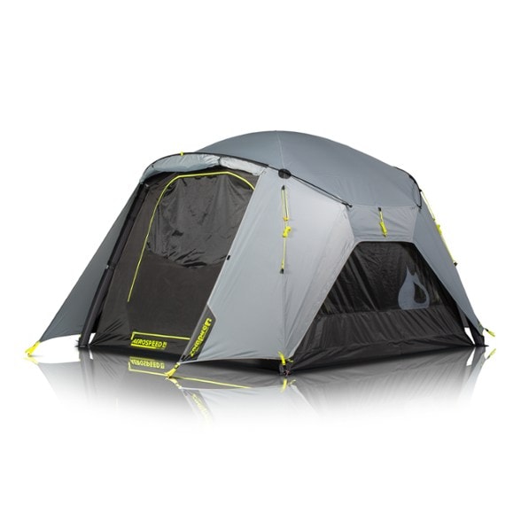 A view of the Zempire Aerospeed 4 Air Tent from the side, highlighting its compact design and stability in windy conditions.