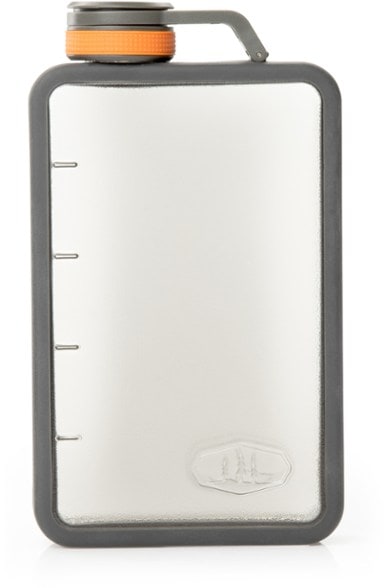 Durable shatter resistant camping flask with grippy silicone bumper, side view
