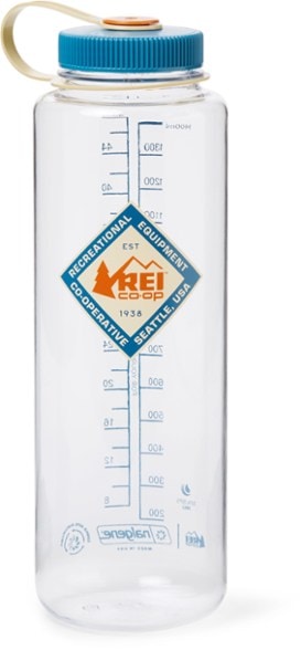 Eco-friendly wide mouth water bottle from the side, showing capacity and design.