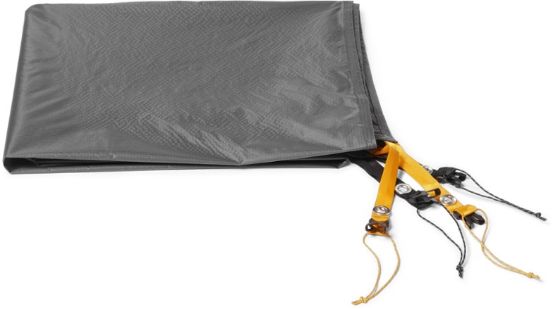 Top-down view of the REI Co-op Flash 3 tent footprint laid out flat, showcasing its waterproof ripstop nylon fabric and lightweight design.