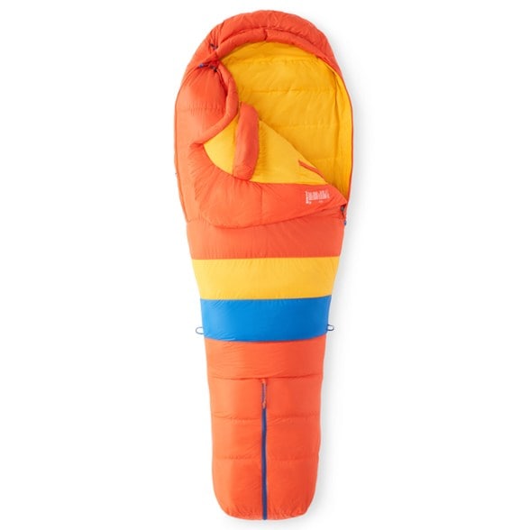 Marmot Always Summer 40 down sleeping bag in use during camping, showcasing its mummy shape and water-resistant features.