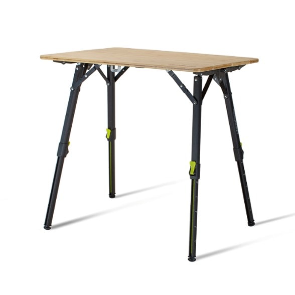 Close-up of bamboo tabletop highlighting smooth, food-safe surface of camping table