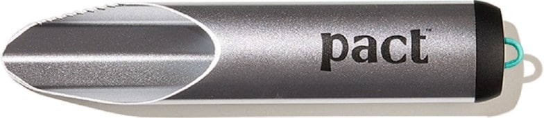 Top view of the TrailBlade camping trowel showing serrated edge and ergonomic grip