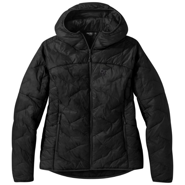 TrailBliss women's insulated hoodie showcased on a hiking trail, emphasizing its lightweight design.