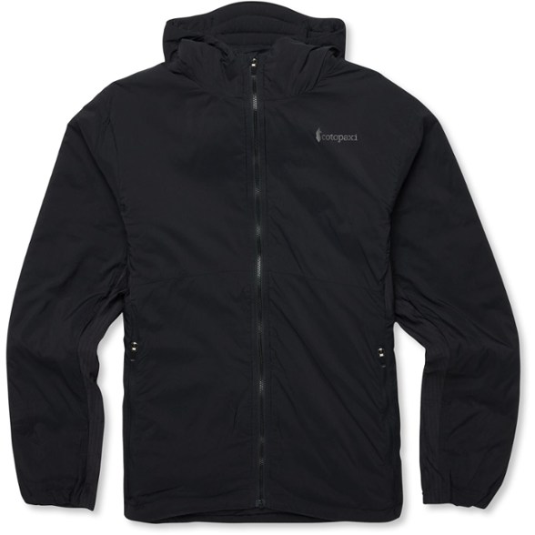 Front view of men's breathable hiking jacket in blue, highlighting adjustable hood and zippered pockets