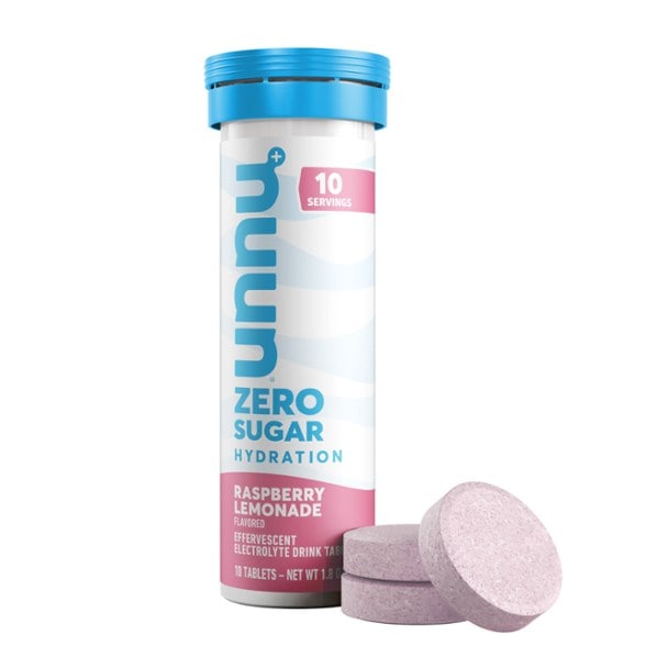 Nuun Zero Sugar Electrolyte Tablets in a tube, showcasing vibrant colors and packaging for hydration.