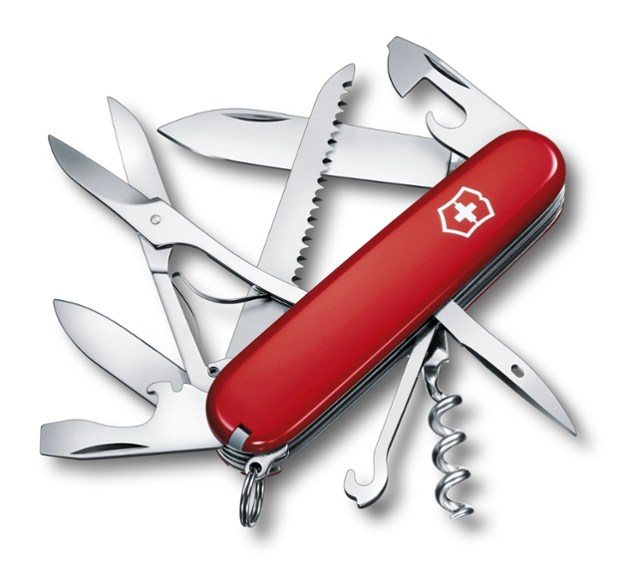 Victorinox Huntsman Pro camping knife open showing large blade and wood saw for outdoor use