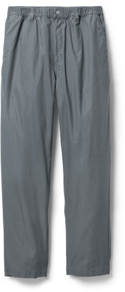 Front view of men's travel pants with elastic waistband and zip fly, designed for outdoor comfort