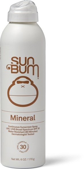 SunSafe Mineral SPF 30 Sunscreen Spray bottle on a beach towel