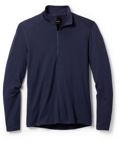 Men's merino wool half-zip base layer displaying the front view, ideal for skiing and hiking.