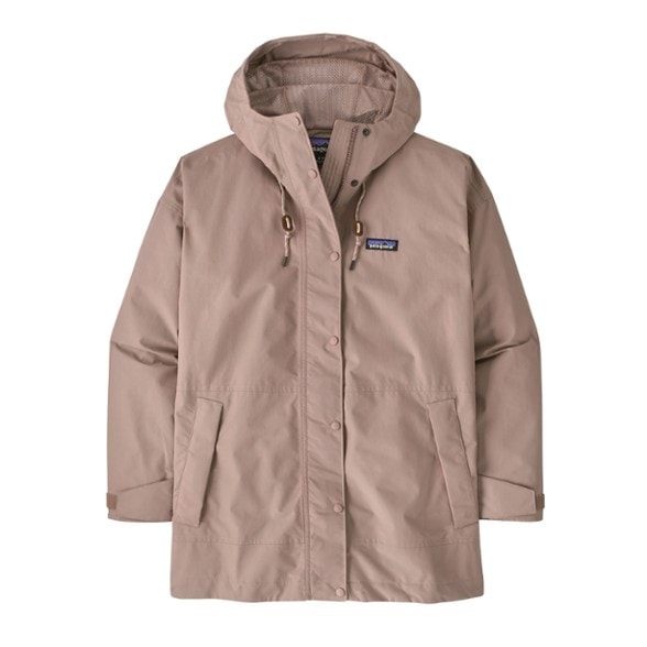 Front view of women's rain jacket with adjustable hood, highlighting waterproof jacket features