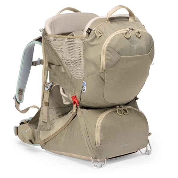 Osprey Poco LT child carrier in action on a hiking trail, showcasing its lightweight design.