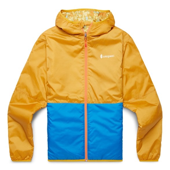 Front view of the men's hiking jacket showcasing reversible insulated design and durable water repellent finish