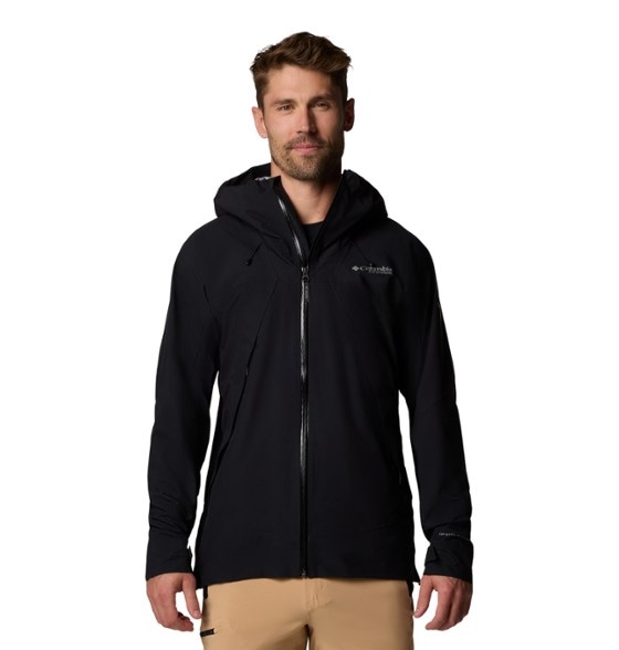 Front view of the Columbia Northwest Explorer waterproof jacket in use during a hike.