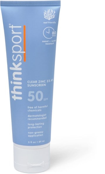 Thinksport Clear Zinc SPF 50 sunscreen applied to a child's skin for sun protection.