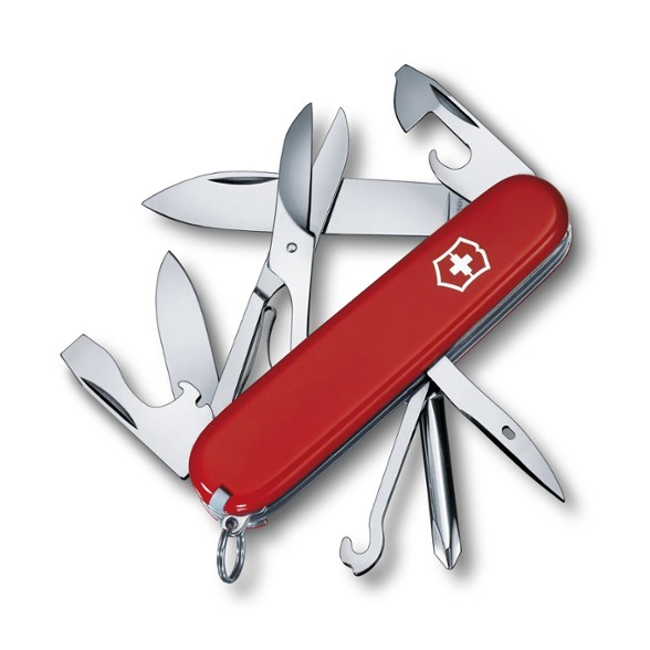 Victorinox Super Tinker multi tool showing all tools open, perfect for camping.