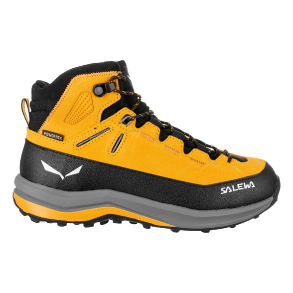 Close-up view of Salewa Kids' Mountain Trainer boots showcasing the suede upper and lacing system.