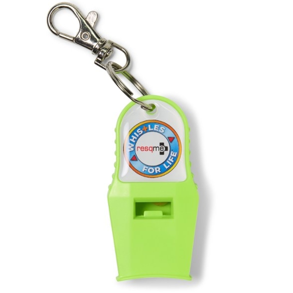 Tri-Power Outdoor Safety Whistle displayed with locking clip and mouth grip for easy usage.