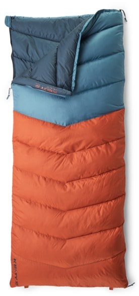 Kelty Galactic 30 down sleeping bag fully unzipped showcasing spacious rectangular design for camping