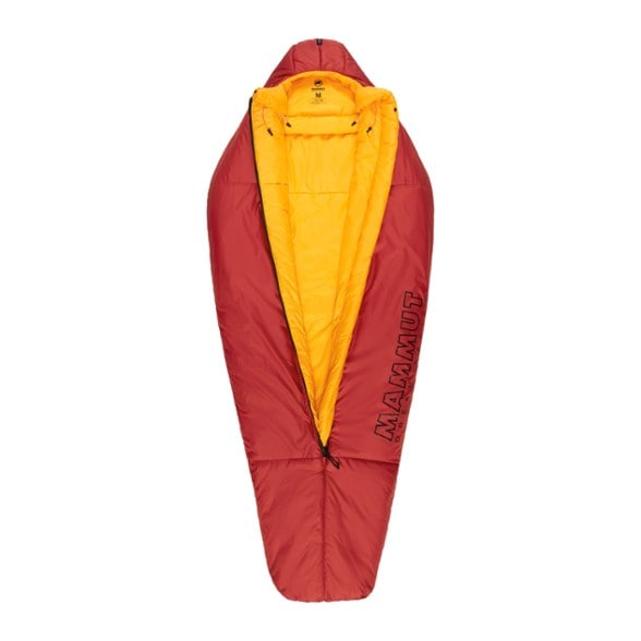 Side view of the eco-friendly women's mummy sleeping bag, showcasing its draft collar and zipper.