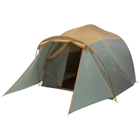 Wide shot of the spacious family camping tent for four set up in a forest, showcasing its large vestibule.